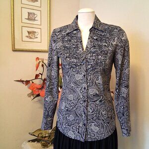 NEW Women’s Pleated Gray Black Printed Shirt Long Sleeve Blouse Top 8